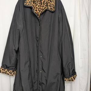 Gallery Woman 2X Reversible Leopard Coat Black Snap Front Plus Size Jacket